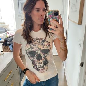 American Apparel Floral Skull Print White Short Sleeve T-shirt